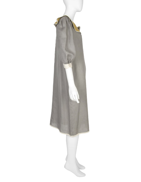 Schiaparell Vintage 1980s Grey and Chartreuse Linen Puff Sleeve Dress