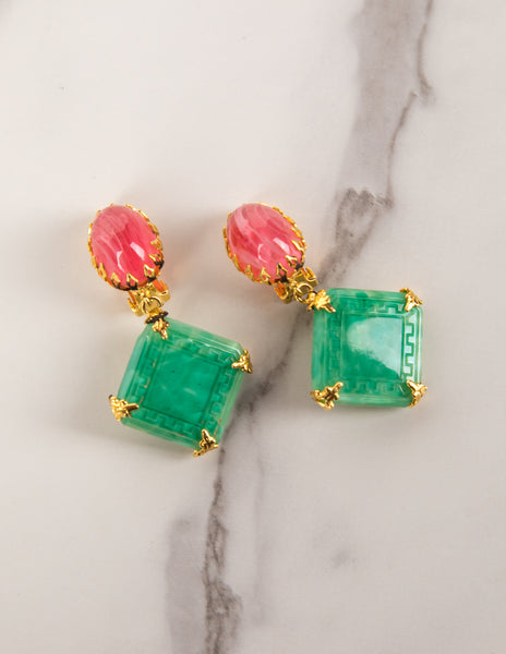 Schreiner Vintage 1960s Green Pink White Necklace and Earrings Set