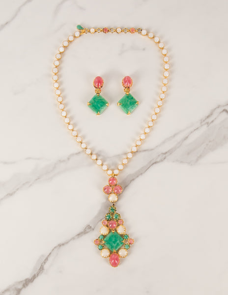 Schreiner Vintage 1960s Green Pink White Necklace and Earrings Set