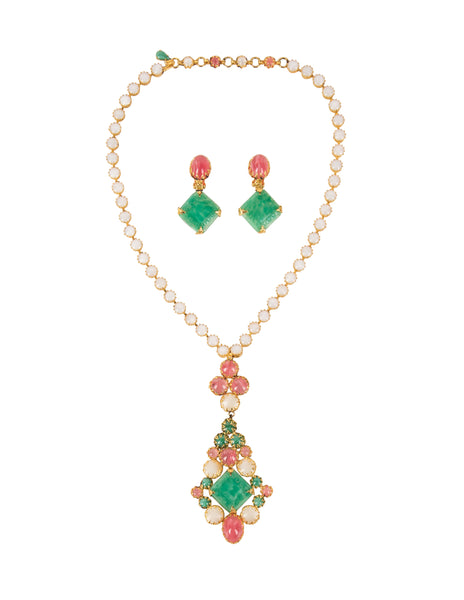 Schreiner Vintage 1960s Green Pink White Necklace and Earrings Set