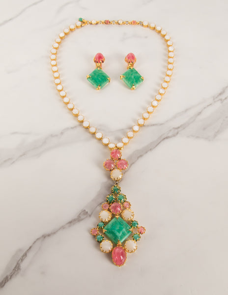Schreiner Vintage 1960s Green Pink White Necklace and Earrings Set