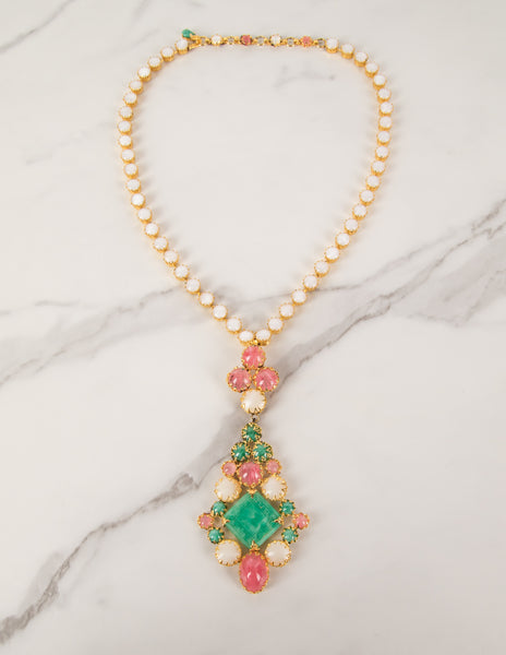Schreiner Vintage 1960s Green Pink White Necklace and Earrings Set