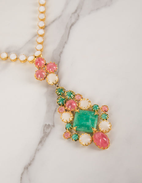 Schreiner Vintage 1960s Green Pink White Necklace and Earrings Set