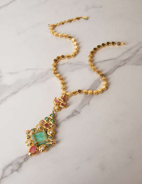 Schreiner Vintage 1960s Green Pink White Necklace and Earrings Set