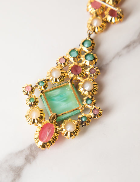 Schreiner Vintage 1960s Green Pink White Necklace and Earrings Set