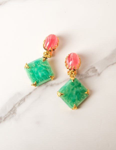 Schreiner Vintage 1960s Green Pink White Necklace and Earrings Set