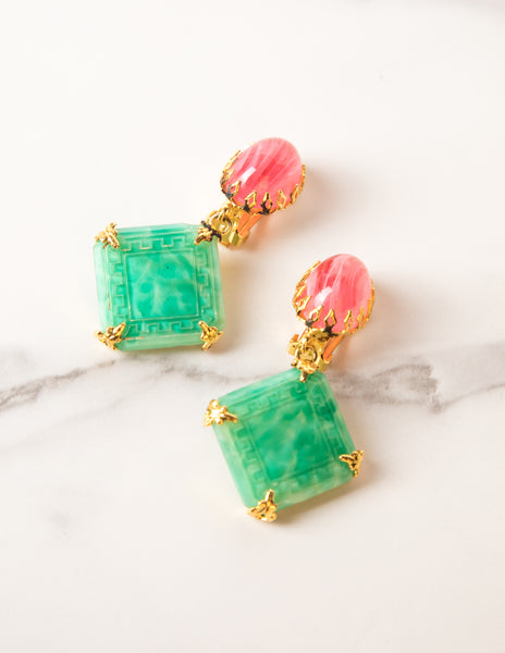 Schreiner Vintage 1960s Green Pink White Necklace and Earrings Set