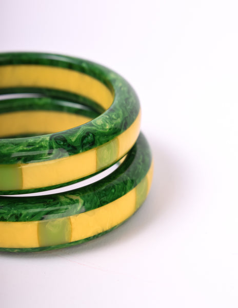 Shultz Reworked Vintage Pair of Green Yellow Marbled Inlay Bakelite Bracelets