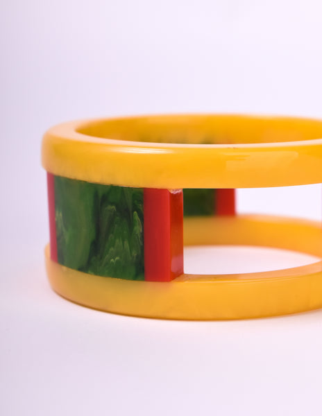 Shultz Reworked Vintage Red Yellow Green Marble Bakelite Windowpane Wide Bracelet