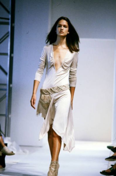 Callaghan by Nicolas Ghesquiere Vintage SS2001 Navy Blue Jersey Plunging Asymmetric Dress with Belt