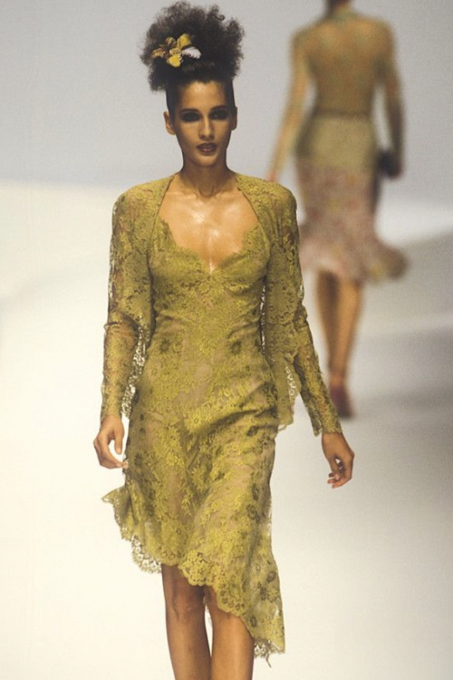 Valentino Vintage SS 1997 Chartreuse Floral Lace Asymmetric Dress and Amarcord Vintage Fashion Valentino Vintage SS 1997 Chartreuse Floral Lace Asymmetric Dress and Amarcord Vintage Fashion