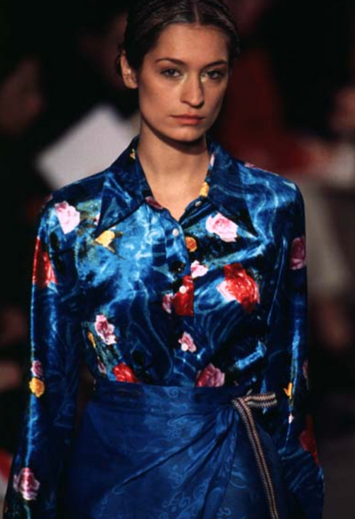 Dries Van Noten Vintage AW 1996 Pink and Orange Rose Print Teal
