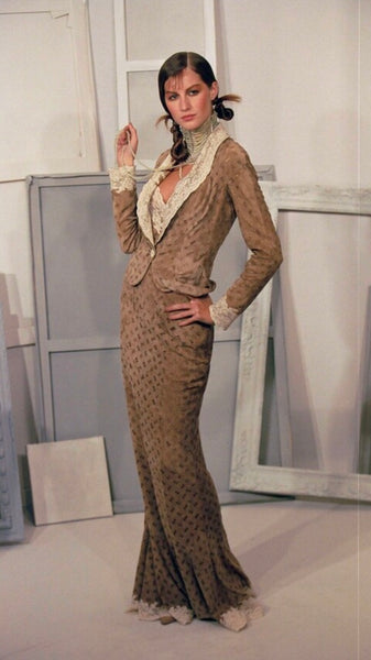 Christian Dior by John Galliano Vintage AW 1999 Beige Suede and Lace Gown