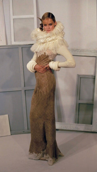 Christian Dior by John Galliano Vintage AW 1999 Beige Suede and Lace Gown