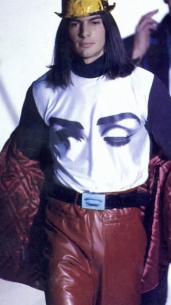 Jean Paul Gaultier Vintage AW 1992 Shoe & Leg Print Metallic Silver and Black Long Sleeve Shirt
