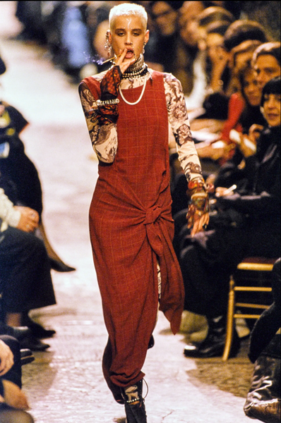 Jean Paul Gaultier Vintage SS 1994 'Les Tatouages' Collection Sheer Burgundy Plaid Knotted Wrap Dress