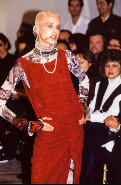 Jean Paul Gaultier Vintage SS 1994 'Les Tatouages' Collection Sheer Burgundy Plaid Knotted Wrap Dress