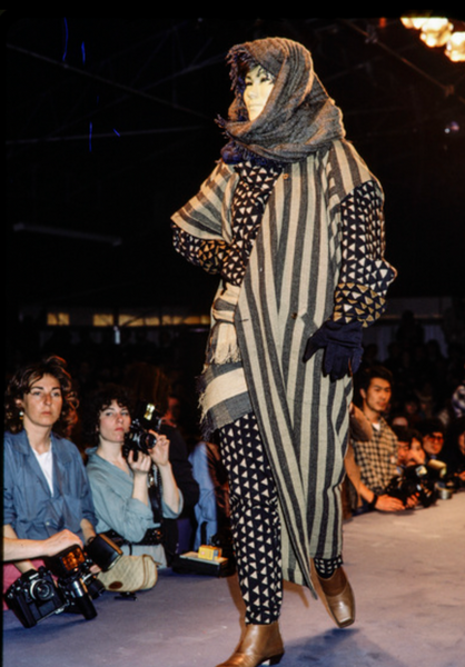 Issey Miyake AW 1984 Beige and Grey Striped Draping Conceptual Dress