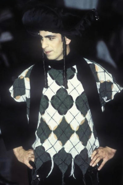 Jean Paul Gaultier Vintage AW 1993 Iconic Mens Boiled Wool Argyle Cutout Fringe Sweater