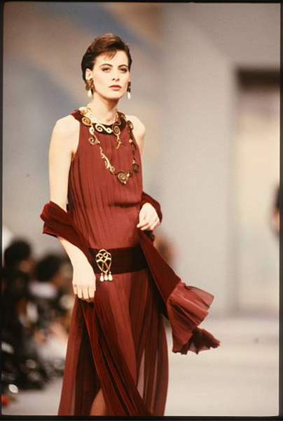 Chanel Vintage AW 1989 Black Pleated Silk and Velvet Gown with Matching Shawl