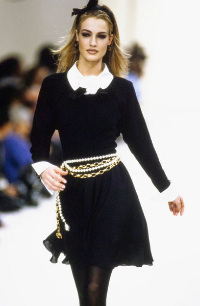 Chanel Vintage AW 1991 Black Wool and Silk Dress with Ivory Silk Collar and Cuffs