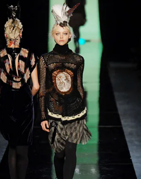 Jean Paul Gaultier Vintage AW 2007 Burgundy French Cherub Scenic Intarsia Knit & Sheer Mesh Skirt