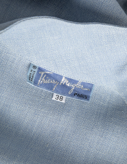 Thierry Mugler Vintage 1980s Light Blue Chambray Linen Fin Collar Mini   Amarcord Vintage Fashion