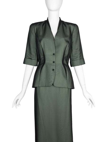 Thierry Mugler Vintage SS 1999 Green and Black Chiffon Tailored Skirt Suit