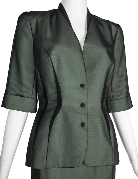Thierry Mugler Vintage SS 1999 Green and Black Chiffon Tailored Skirt Suit