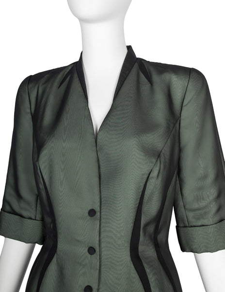 Thierry Mugler Vintage SS 1999 Green and Black Chiffon Tailored Skirt Suit