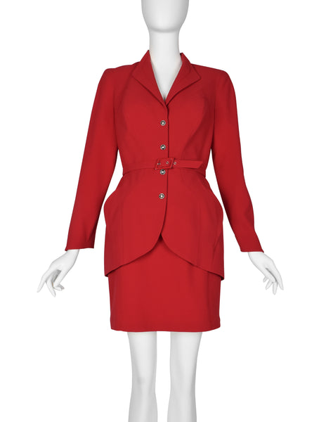 Thierry Mugler Vintage Red Wool Gabardine Jacket Skirt Two Piece Suit