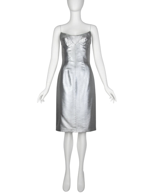 Thierry Mugler Couture Vintage Metallic Silver Pointed Bust Mini