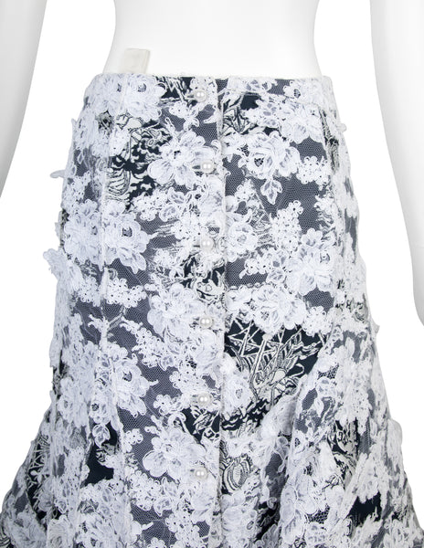 Thom Browne Rare SS 2014 Deepest Blue Ship Damask and White Lace Structured Skirt