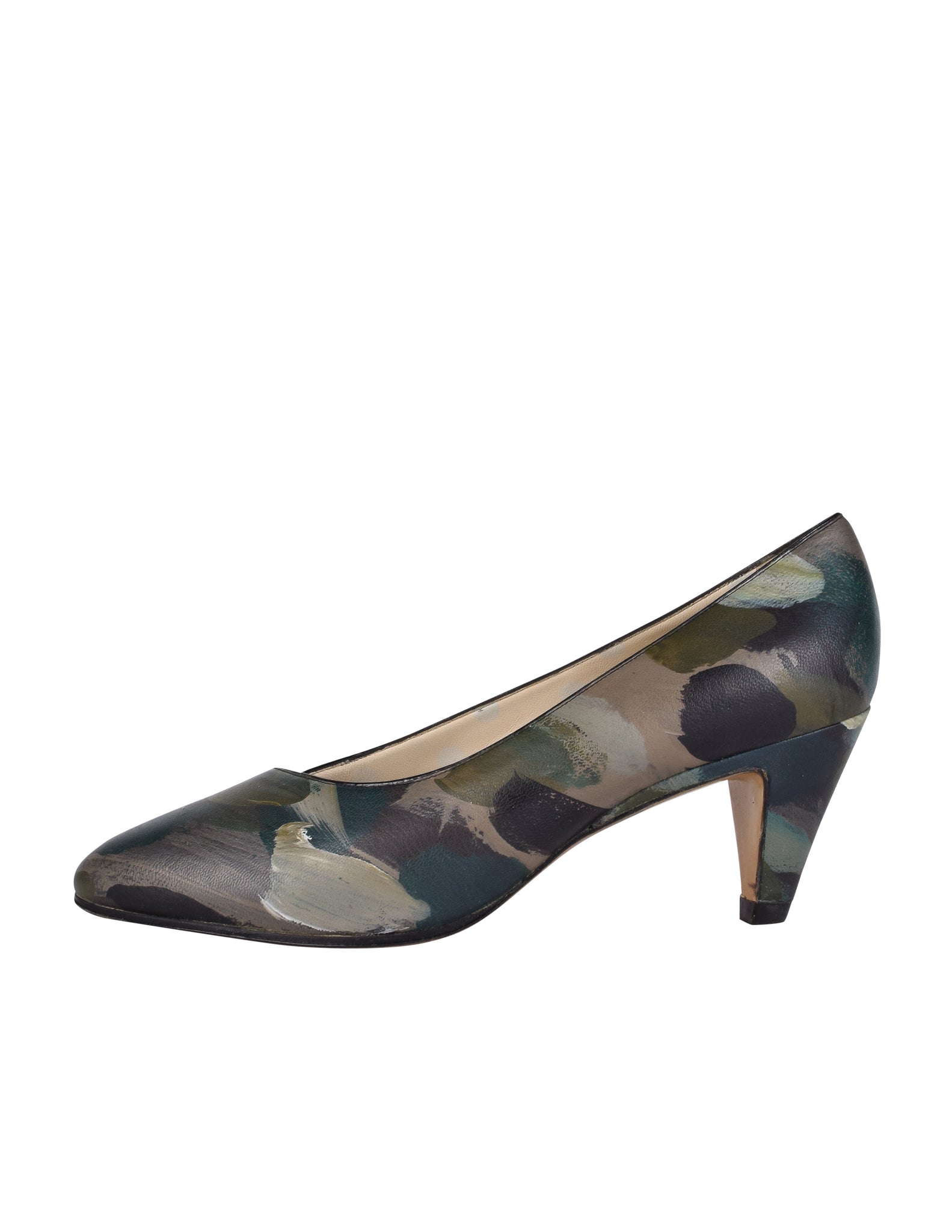 Tokio Kumagai Vintage Rare 1980s Green Painted Camouflage Print Leather Pumps