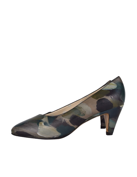 Tokio Kumagai Vintage Rare 1980s Green Painted Camouflage Print Leather Pumps