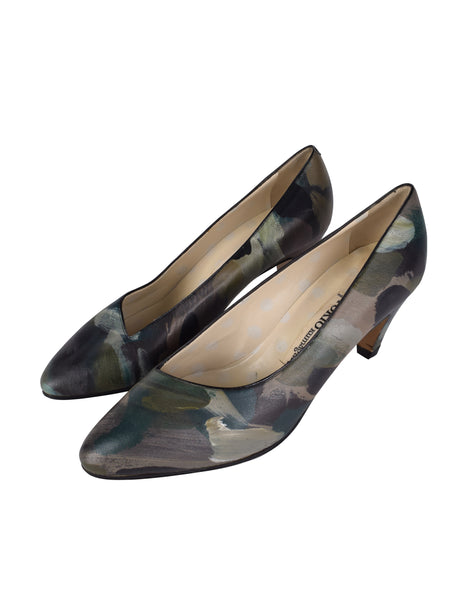 Tokio Kumagai Vintage Rare 1980s Green Painted Camouflage Print Leather Pumps