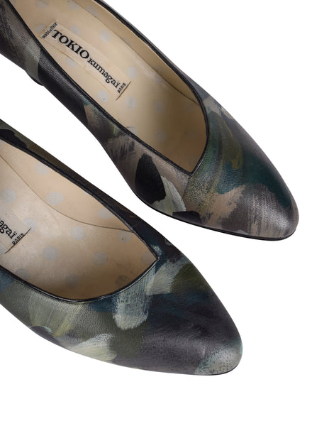 Tokio Kumagai Vintage Rare 1980s Green Painted Camouflage Print Leather Pumps