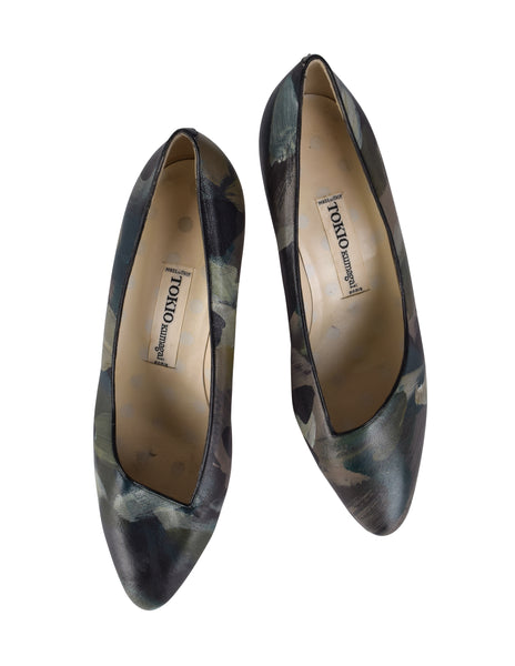 Tokio Kumagai Vintage Rare 1980s Green Painted Camouflage Print Leather Pumps