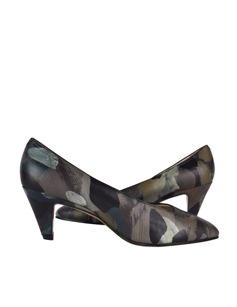 Tokio Kumagai Vintage Rare 1980s Green Painted Camouflage Print Leather Pumps