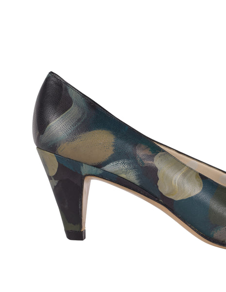 Tokio Kumagai Vintage Rare 1980s Green Painted Camouflage Print Leather Pumps