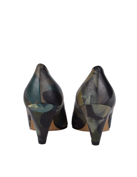Tokio Kumagai Vintage Rare 1980s Green Painted Camouflage Print Leather Pumps