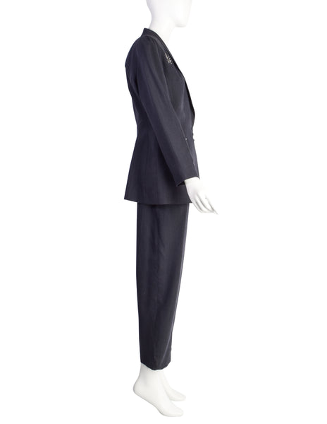 Thierry Mugler Vintage 1990s Bluish Grey Metal Embellished Wool Jacket Pant Suit