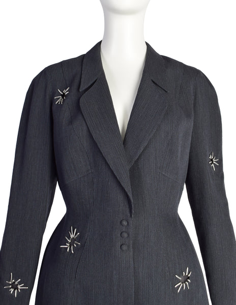Thierry Mugler Vintage 1990s Bluish Grey Metal Embellished Wool Jacket Pant Suit