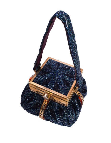 Tyrolean Vintage c. 1950-52 Sapphire Blue Beaded Tortoise Lucite Gold Plated Filigree Handbag