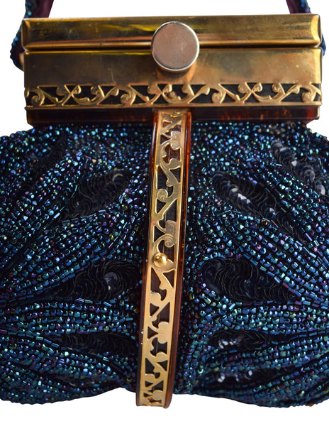 Tyrolean Vintage c. 1950-52 Sapphire Blue Beaded Tortoise Lucite Gold Plated Filigree Handbag