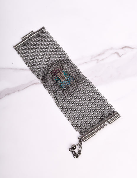 Ugo Correani Vintage Gunmetal Mesh Glass Jewel Bracelet