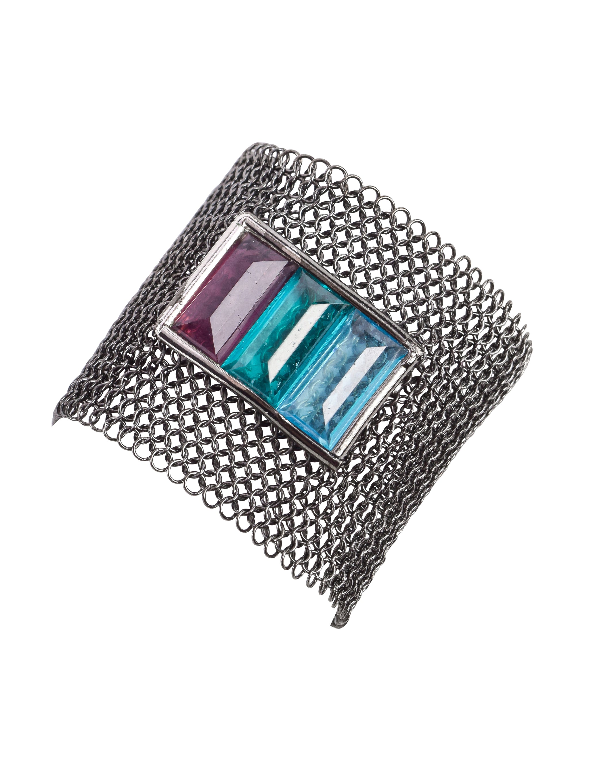 Bracelet Vintage Articulé Années 80 - Motif Chevrons Or Sur Fond Texturé - 19-20cm