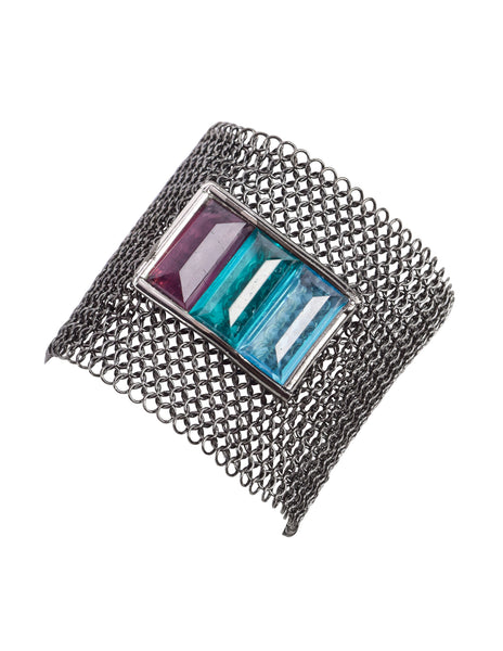Ugo Correani Vintage Gunmetal Mesh Glass Jewel Bracelet