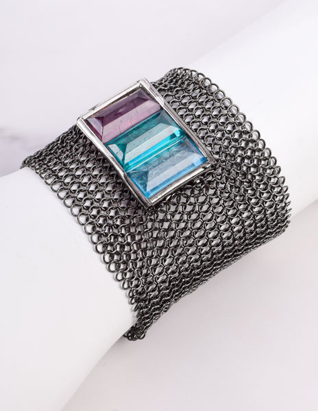 Ugo Correani Vintage Gunmetal Mesh Glass Jewel Bracelet
