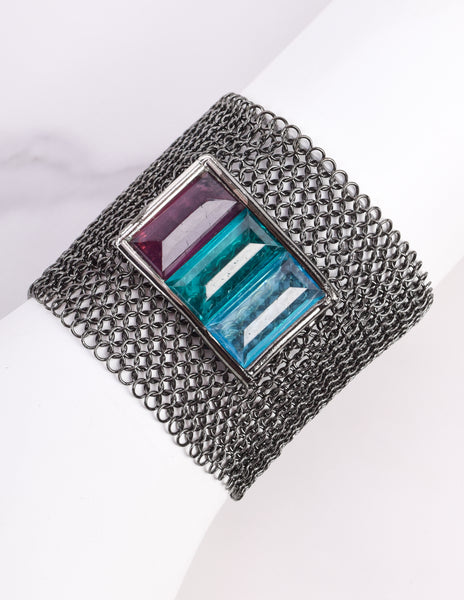 Ugo Correani Vintage Gunmetal Mesh Glass Jewel Bracelet